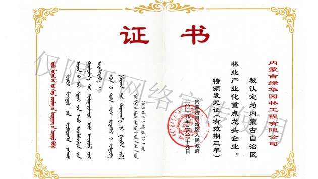 標題：內蒙古龍頭企業榮譽證書
瀏覽次數：1758
發表時間：2019-10-26